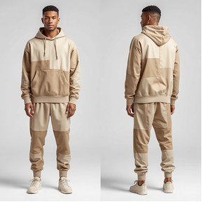 Conjunto Deportivo para Hombre, Sudadera con Capucha y Pantalones Jogger, Diseño Beige con Parches, Estilo Urbano Moderno e Informal - Product Image 3