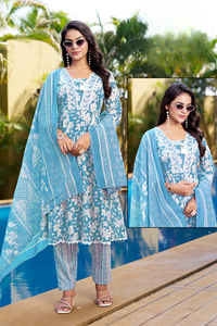 Ensemble Kurti moderne 3 pièces en pur coton brodé pour adultes vêtements indiens et pakistanais imprimés pour les fêtes - Product Image 2