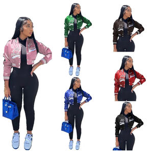 เสื้อแจ็คเก็ตสตรีทเสื้อโค้ทผู้หญิงฤดูใบไม้ร่วงฤดูหนาวเสื้อครอปปักตัวอักษรสีชมพูเสื้อแจ็คเก็ตกีฬามหาวิทยาลัย - Product Image 1