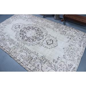 Tapis vintage, grand tapis turc de 5,2 x 8,6 pieds, tapis floral blanc et gris - Product Image 4