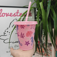 Gobelets en plastique personnalisés de 16 oz avec couvercles et pailles, réutilisables, motif hippocampe marin, pour fêtes estivales à la piscine, vente en gros