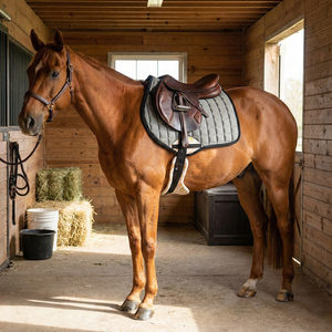 แผ่นรองอานม้าแบบเย็บลายสีเทา พร้อมแผ่นตกแต่งลายดอกไม้ อุปกรณ์เสริมสำหรับการฝึกกระโดดที่มีสไตล์ พร้อมซับในตาข่าย ไส้ใยฝ้ายและโฟม รูปทรงโค้งมน - Product Image 1