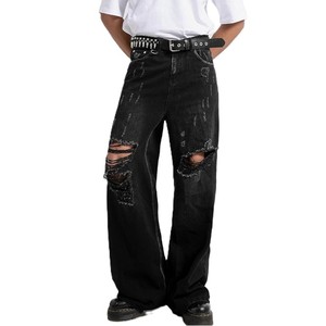 กางเกงยีนส์ทรงแบ็กกี้วินเทจของผู้ชายขากว้างสีดำขาดถูกทำลายสำหรับฤดูใบไม้ร่วงฤดูหนาว - Product Image 1