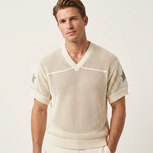 T-shirt d'été personnalisé 2026 pour homme, col rond, 100 % coton, manches courtes, maille crochetée, jersey tricoté - Product Image 1