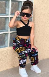 El más nuevo Top corto sin mangas negro + Pantalones largos de garabato colorido verano bebé 2 piezas ropa para niños conjuntos de niñas - Product Image 3