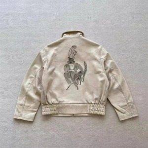 Veste en cuir brodée rétro décontractée pour hommes en noir coupe ample avec poches à col à capuche tissu de laine recouvert de toile - Product Image 4