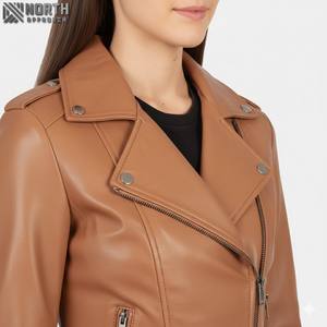 Veste de motard en cuir véritable classique pour femme, neuve, respirante, en toile, fermeture éclair, tricotée, coupe ajustée - Product Image 4