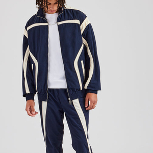 OEM personnalisé hommes rétro bleu marine 100% coton survêtement ensemble unisexe solide survêtements hiver coupe-vent veste pantalon - Product Image 2