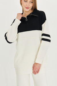 Conjunto de dos piezas de gran tamaño con cremallera a rayas de punto para mujer de alta calidad, ropa informal, ropa de oficina, conjunto de pantalones y suéter - Product Image 4