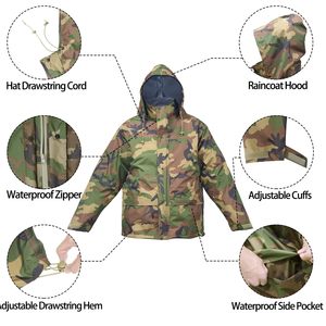 Manteau de pluie de camouflage de terrain unisexe Type de survêtement de couleur contrastée à porter pour l'entraînement Type de survêtement à capuche/pantalon de survêtement/jogger 2 pièces - Product Image 2