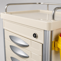 Chariot médical en aluminium avec 5 tiroirs verrouillables, séparateurs, garde-corps en acier inoxydable, support pour poteau IV, étagère pour défibrillateur et roues silencieuses. Utilisation en unité de soins intensifs/d'urgence hospitalière