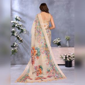 ผ้าส่าหรีลายดอกไม้หลากสีสันโทนเบจแบบมืออาชีพ รุ่น GG-423  ซักเฉพาะ  ให้ความรู้สึกนุ่มละมุน  ประกายละเอียดอ่อน  และมีเอกลักษณ์เฉพาะตัว - Product Image 2