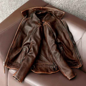 Personalizado nueva llegada Vintage marrón 100% cuero de vaca delgada chaqueta de moda para los hombres de cuero genuino luz XL tamaño para el invierno OEM para la venta - Product Image 6