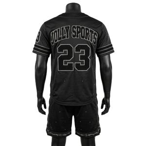 Conjunto de pantalones cortos de béisbol para hombre de malla de poliéster, negro, transpirable, uniforme, con paneles de rayas en las mangas, logotipo personalizado en sarga, conjunto de pantalones cortos para hombre - Product Image 2