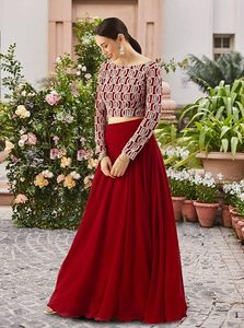 Trendmalls A-Line Georgette Lehenga Choli para mujer Red bordada natural Dupatta Transpirable Ecológico () - Product Image 3