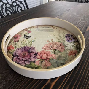 Plateau de service rond en bois imprimé floral, plateau en MDF, table basse de cuisine, ottoman, plateau pour aliments, boissons, restaurant, ménage - Product Image 1
