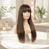 Cheveux indiens Remy longs avec frange complète # Perruque brune naturelle lisse, fabriquée à la machine, densité 200%, pour femmes noires