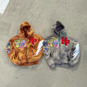 Haute qualité personnalisé hommes sweat à capuche zippé coton éponge française Applique brodé Patch lavage à l'acide en détresse sweat zippé - Product Image 3