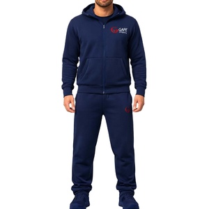 Men's Winter Sports Hooded Breathable Solid Tracksuit <b>Navy</b> Blue Full Zip Casual with Side Pockets - Product Image 1