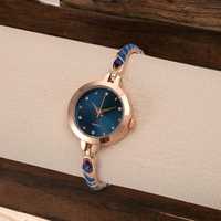 Montre vintage réglable en alliage or rose avec cristaux de pierres précieuses bleues, bracelet élégant, bijoux de haute qualité, cadeau ethnique pour femme