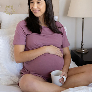 Pyjama de <span class=keywords><strong>grossesse</strong></span> à manches courtes pour femmes, vêtements de nuit d'allaitement, vêtements de maternité durables, en coton biologique - Product Image 3