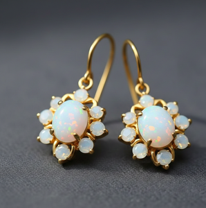 ต่างหูโอปอล 8 กรัม และเพชร CZ |   โอปอลรูปไข่ขนาด 8x10 มม. ประดับด้วยเพชร CZ ทรงกลมขนาด 2 มม. |   การตกของน้ำหนัก 4 นิ้ว |   เครื่องประดับเงินแท้ 925 ชุบทอง 18K - Product Image 1