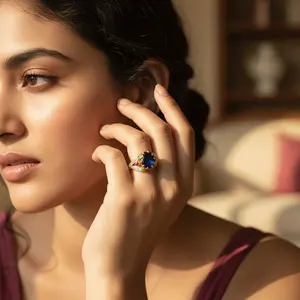 Anillo de Zafiro y Rubí con Corte Geométrico para Mujer, Joyería de Piedras Preciosas con Baño de Rodio Fino y Oro Amarillo sobre Base de Platino - Product Image 3