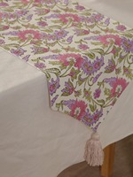 Chemin de table double couche en toile slub premium imprimée au bloc, motif floral, avec pompons, style damassé tissé, rose floral pour salle à manger