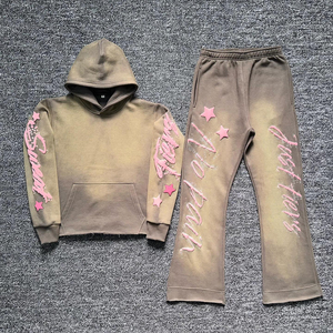 Custom Stone Wash Distressed Puff <b>Printing</b> Rhinestone Cropped Plus Size Men's Y2K Sun Faded Sweatpants and Hoodie Set - Product Image 1