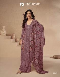 Ensemble Salwar Kameez Palazzo prêt-à-porter pour femmes, imprimé floral, broderie lourde, soie Airtex Chinon, coupe régulière, séchage rapide - Product Image 2