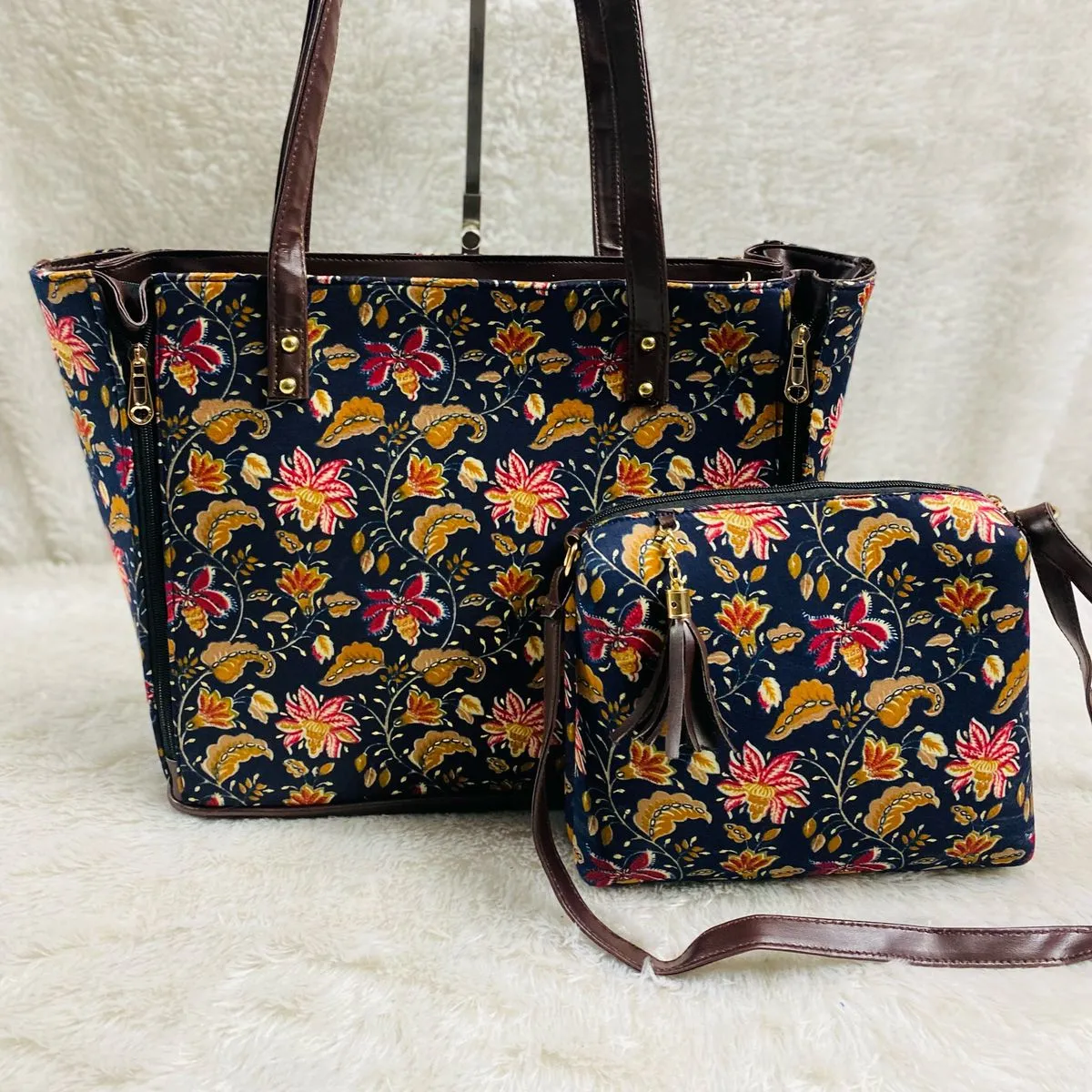 New handmade thiết kế túi bông Túi xách đẹp duy nhất phân vùng in tote bag với Sling túi và Pouch Set của 3