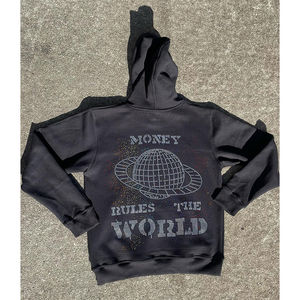 Custom Full Rhinestone High Quality <b>Zip</b> <b>Up</b> French Terry Heavyweight Street Wear Boxy Fit Hoodie - Product Image 3