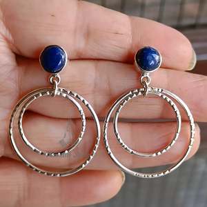 Boucles d'oreilles doubles en argent sterling 925, faites à la main, avec pendentifs en lapis-lazuli, pierres précieuses bleues naturelles uniques, accessoire de mode - Product Image 5