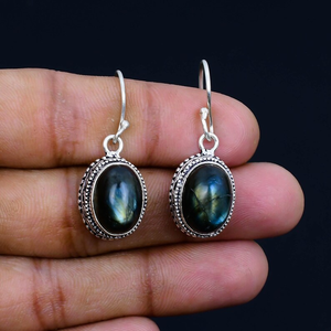 Pendientes de piedras preciosas ovaladas de labradorita, Pendientes colgantes de gota de Plata de Ley 925 para mujer, regalo de Año Nuevo para ella, venta al por mayor - Product Image 1