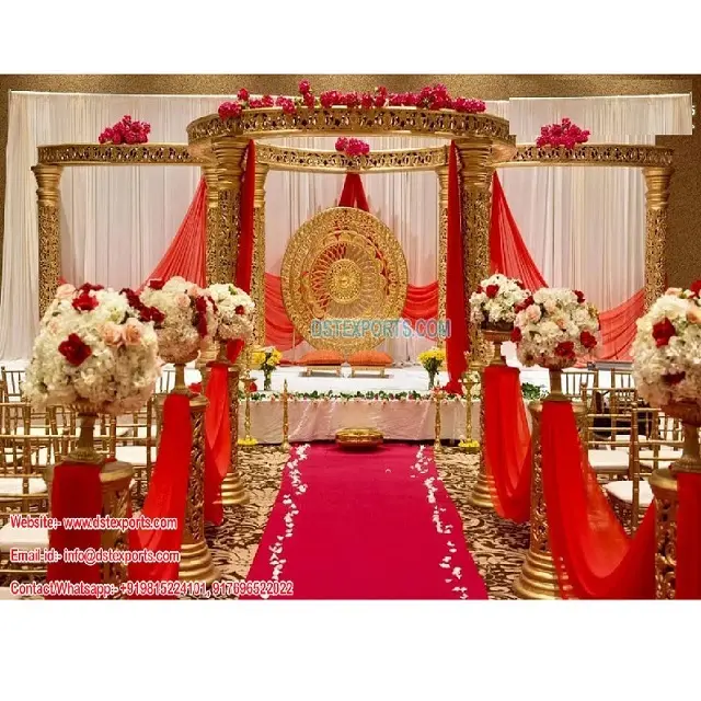Gorgeous Indoor Wedding Mandap Decoration Royal Golden Carved FRP Mandap in USA Indian Wedding Golden Carved Mandap Decor
