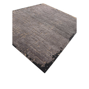 Alfombra de Lana y Viscosa Tejida a Mano en Gris y Negro con Diseño Abstracto de Rayas Rectangulares para Sala de Estar, Modelo TR-15282 - Product Image 2