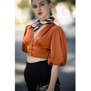 <b>Women's</b> Solid Color V-neck <b>Silk</b> <b>Top</b> Elegant Lady Blouse Shirt with Puff Sleeves - Product Image 3