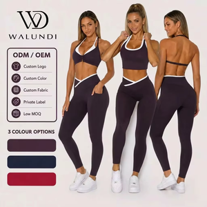 Conjunto de Ropa de Yoga Sexy con Cuello Halter para Mujer, Leggings con Cintura en V, Bolsillos Laterales, Ribete en Contraste, Conjunto de 2 Piezas para Gimnasio y Entrenamiento, Logotipo Personalizado - Product Image 1