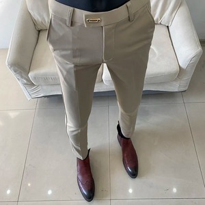 Pantalon solide à taille élastique pour homme, pantalon de bureau ou d'affaires, longueur cheville, tendance 2025 - Product Image 1