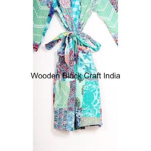Chaqueta Kimono Corta Acolchada Kantha Indigo Transpirable con Cuello en V, Ropa de Dormir Informal de Algodón Suave para Mujer, Estilo Moderno y Acogedor - Product Image 6