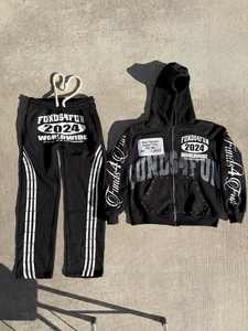 Ensemble survêtement 2 pièces personnalisé avec impression graphique en strass pour homme, couleur personnalisable, pantalon de survêtement évasé, sweat à capuche zippé et jogging pour homme - Product Image 3