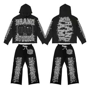 2026 Breathable Custom Cotton/Bamboo Fiber Acid Wash Distressed Applique Embroidery Patchwork Logo Winter Jogging 2 Piece <b>Set</b> - Product Image 5