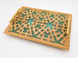 Bandeja de Servicio de Madera de Diseño Láser de Lujo con Asas de Metal Dorado e Incrustaciones Acrílicas, Bandeja Rectangular Decorativa para Decoración del Hogar - Product Image 2