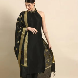 <b>women</b> Black Solid polyester <b>Kurta</b> Trousers with banarsi dupatta Set stylish modern indian pakistani salwaar kameez - Product Image 1