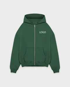Sudadera con Capucha Verde para Hombre, Cierre de Cremallera, Corte Holgado, Color Sólido, Informal, con Bolsillo Delantero, para Otoño 2027 - Product Image 1