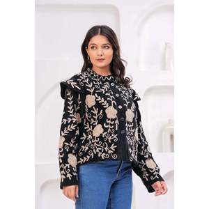 Black White Floral <b>Quilted</b> Woven Full Sleeve Ruffled Collar Ladies Reversible Outerwear Blazer <b>Pattern</b> Bomber Varsity Style - Product Image 6