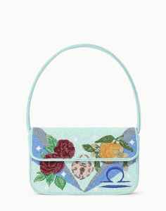 Bolso de Mano Hecho a Mano con Cuentas del Zodiaco Libra, Color Azul Claro, con Cuentas de Vidrio, Bolso de Hombro para Mujer, Bordado Floral de Rosas, Boutique - Product Image 1