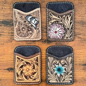 Nouveau Western femmes à la main en cuir porte-carte Western en cuir véritable petit portefeuille Floral violet feuille porte-monnaie porte-carte - Product Image 5