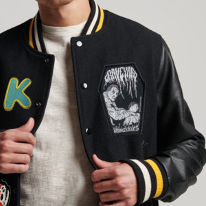 Hommes American Letterman Baseball School Team Varsity Jacket Laine noire et manches en cuir véritable Lignes noires/blanches - Product Image 3