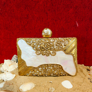 Luxury Mother of Pearl <b>Clutch</b> with Intricate Gold Filigree Work Handmade Bridal Evening <b>Bag</b> <b>for</b> <b>Wedding</b> Party Occasions - Product Image 1